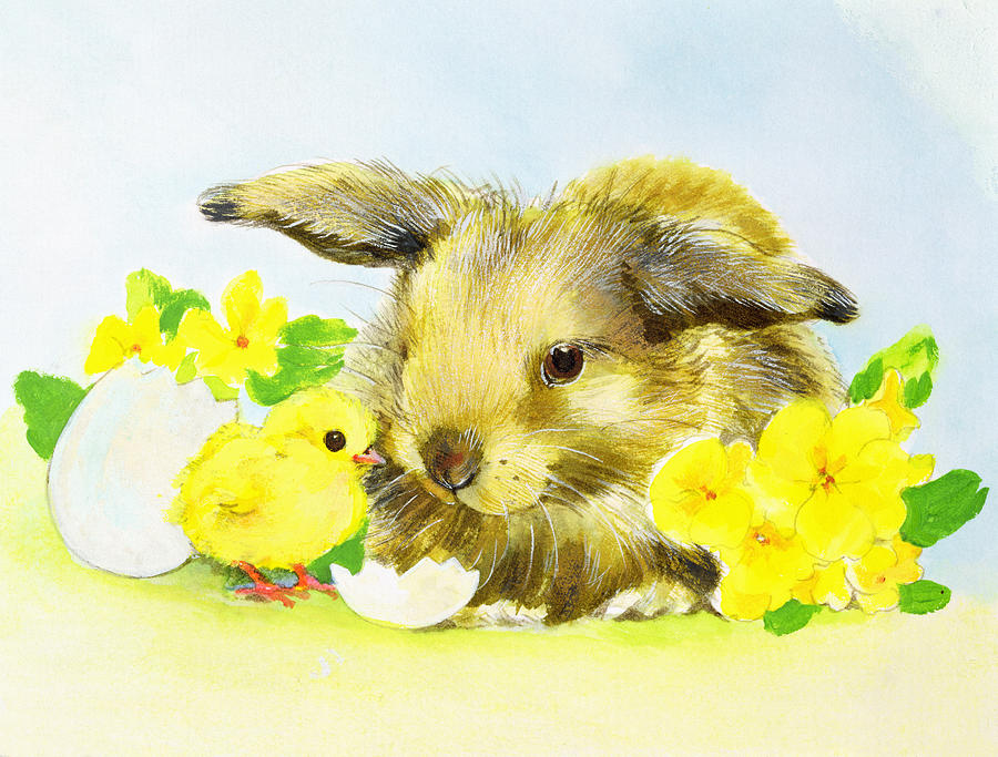 Easter bunny with primrose and chick Painting by Diane Matthes