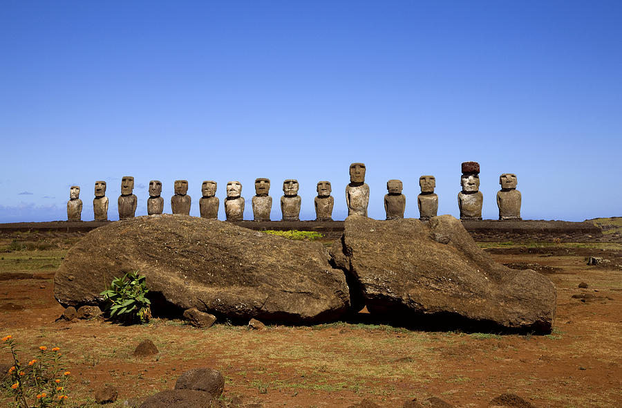 Easter Island, Ahu Tongafiki, row of ancient Moai statues Photograph by Michael Dunning