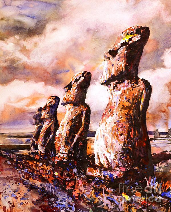Easter Island Painting - Easter Island Moai watercolor by Ryan Fox
