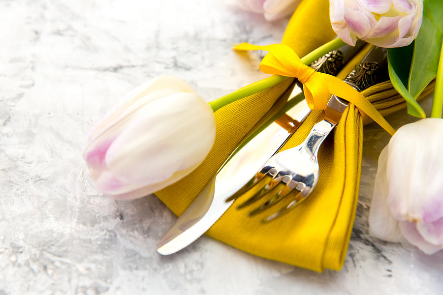 Easter place setting with tulip flowers Photograph by Victoriabee
