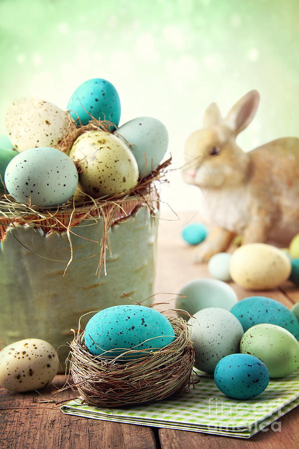 Easter scene with speckled eggs in bowl Photograph by Sandra Cunningham