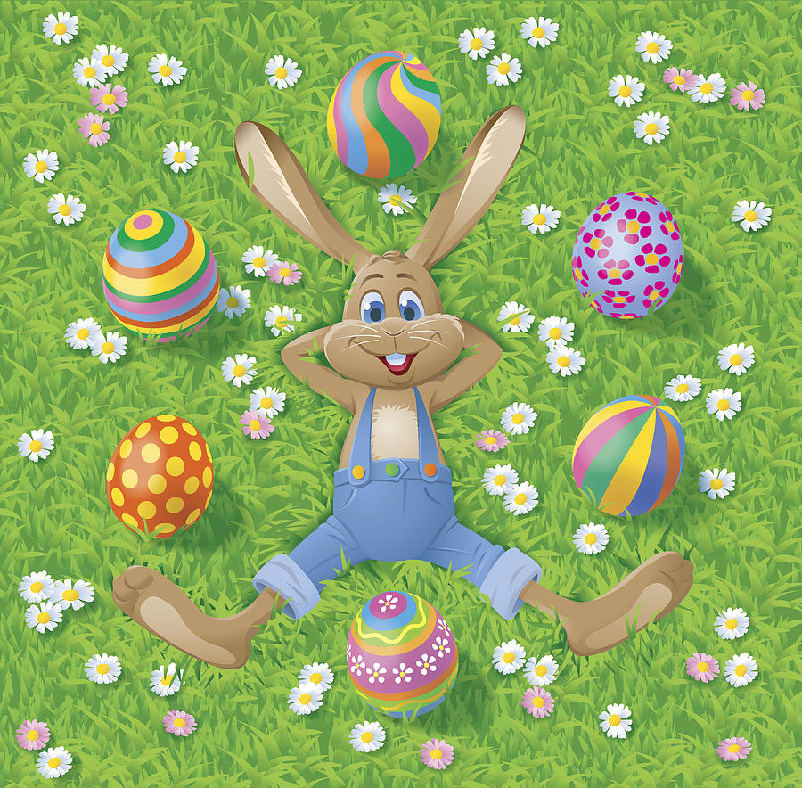 Easterbunny with eastereggs on grass Drawing by AlexvandeHoef