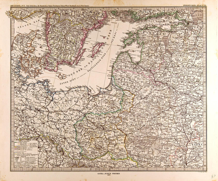 Vintage Drawing - Eastern Europe Map 1873 Gotha Justus Perthes 1872 Atlas by English School