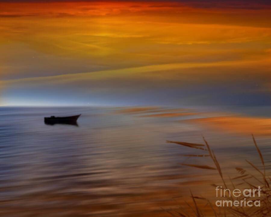 Serene Sunset, Boat Gliding on Calm Waters Digital Art by Landscape