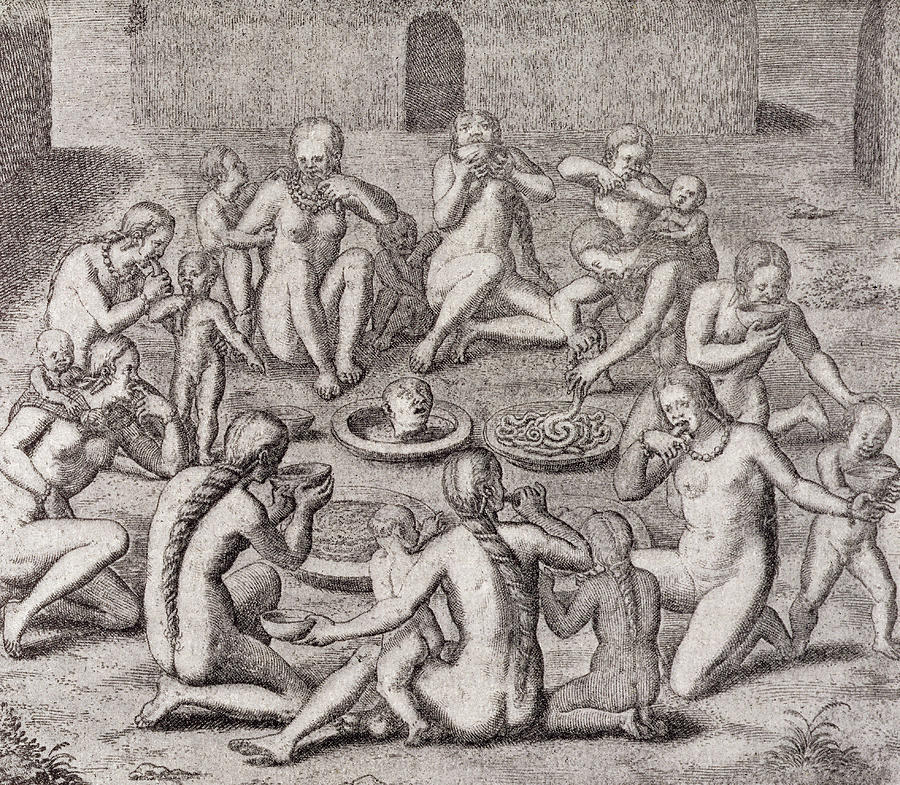 Meat Drawing - Eating The Flesh Of A Prisoner According To The Old Historian, From Gottfrieds Historia Antipodum by German School