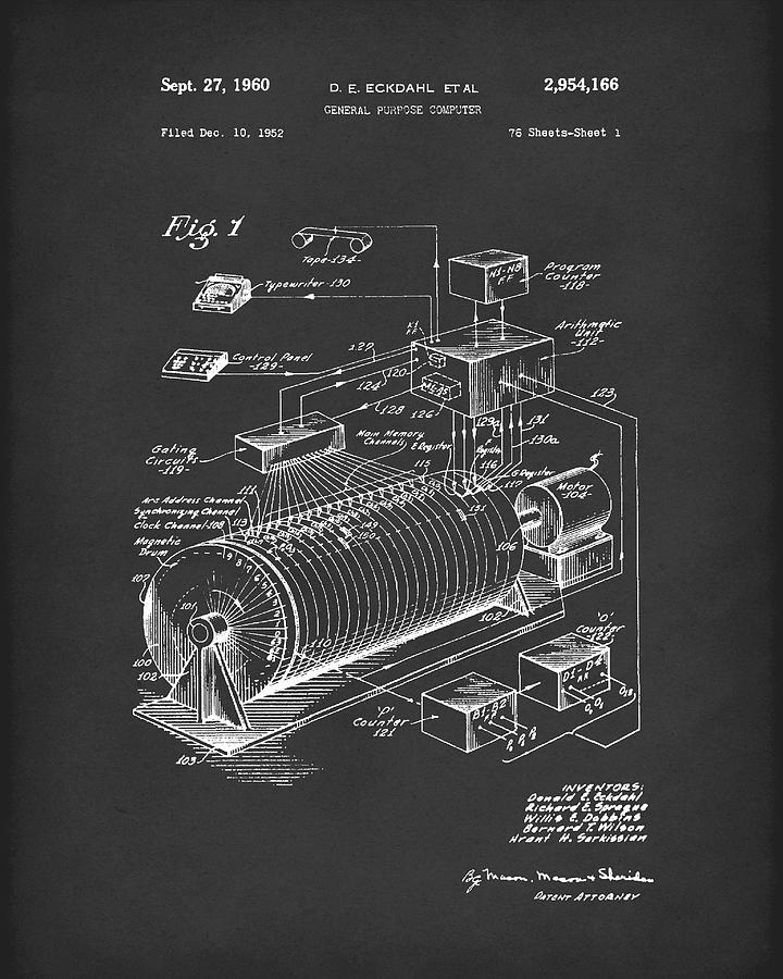 Eckdahl Computer 1960 Patent Art Black Drawing by Prior Art Design