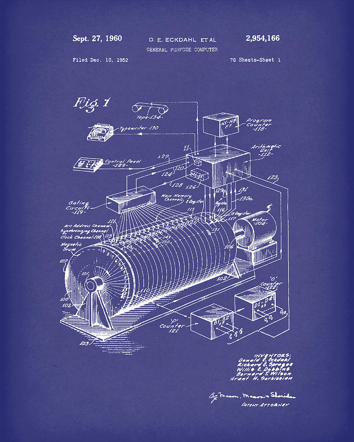 Eckdahl Computer 1960 Patent Art Blue Drawing by Prior Art Design