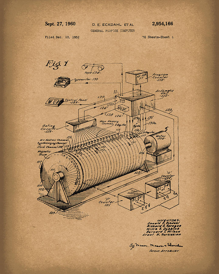 Eckdahl Computer 1960 Patent Art Brown Drawing by Prior Art Design