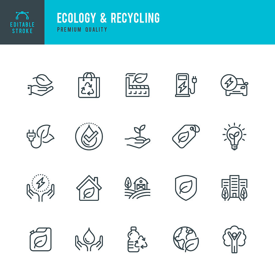 ECOLOGY & RECYCLING - set of line vector icons. Editable stroke. Pixel Perfect. Set contains such icons as Climate Change, Alternative Energy, Recycling, Green Technology. Drawing by Fonikum