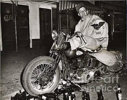 Vintage Photograph - Eddie Davenport of Tulare California on a motorcycle Hollister  July 7 1947 by Monterey County Historical Society