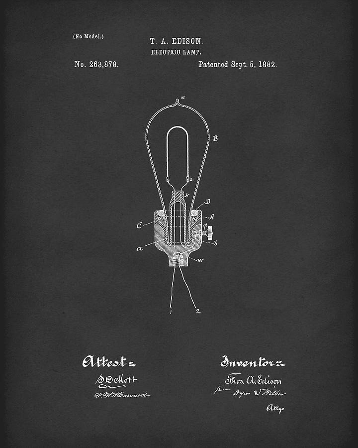 Edison Drawing - Edison Electric Lamp 1882 Patent Art Black by Prior Art Design