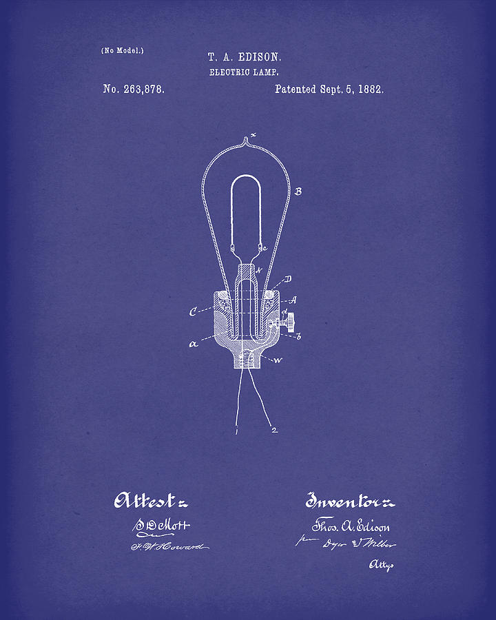 Edison Drawing - Edison Electric Lamp 1882 Patent Art Blue by Prior Art Design