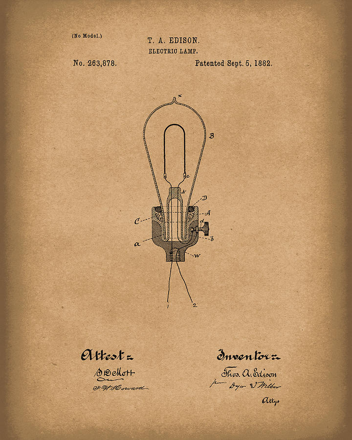 Edison Drawing - Edison Electric Lamp 1882 Patent Art Brown by Prior Art Design