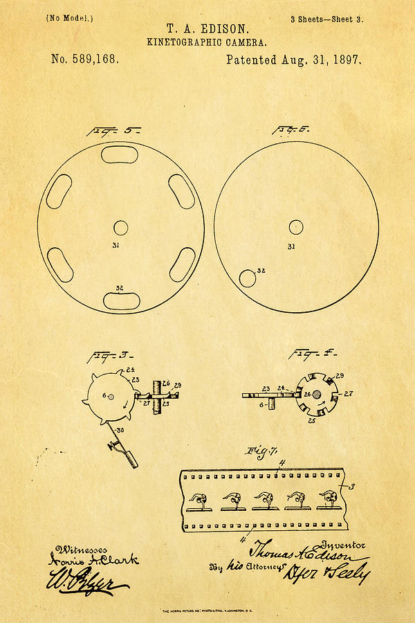 Vintage Photograph - Edison Motion Picture Camera Patent Art 3 1897 by Ian Monk
