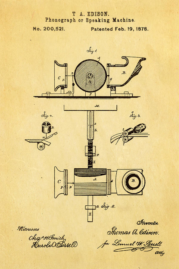 Vintage Photograph - Edison Phonograph Patent Art 1878 by Ian Monk
