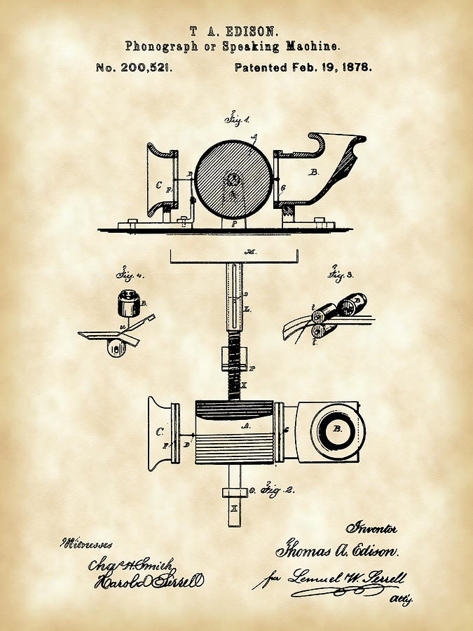 Edison Phonograph Patent 1878 - Vintage Digital Art by Stephen Younts