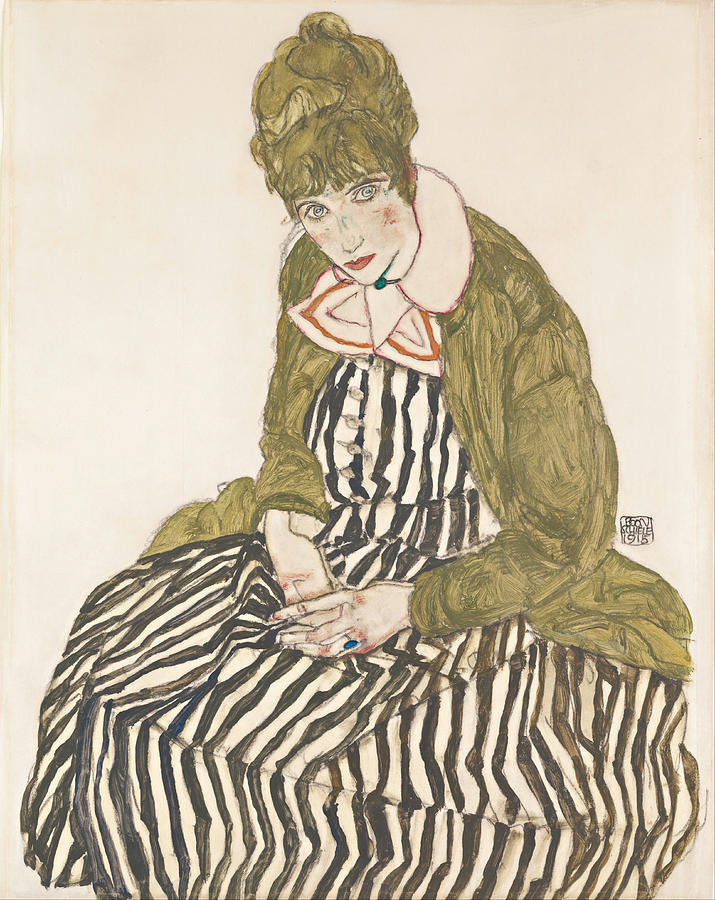 Egon Schiele Painting - Edith with Striped Dress Sitting by Celestial Images