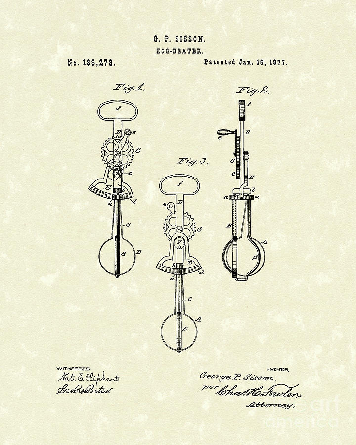 Sisson Drawing - Egg Beater 1877 Patent Art by Prior Art Design