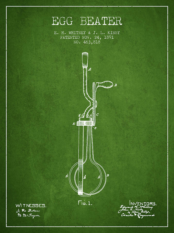 Egg Digital Art - Egg Beater patent from 1891 - Green by Aged Pixel