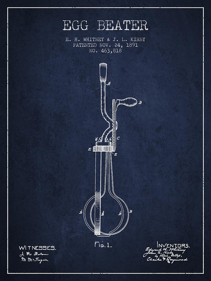 Egg Digital Art - Egg Beater patent from 1891 - Navy Blue by Aged Pixel