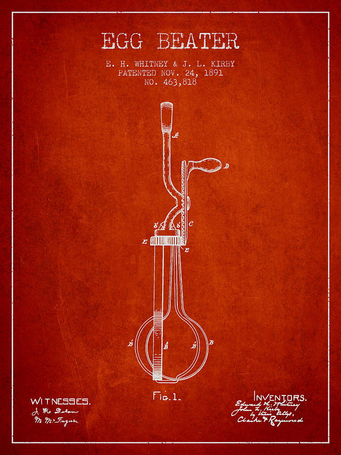 Egg Digital Art - Egg Beater patent from 1891 - Red by Aged Pixel