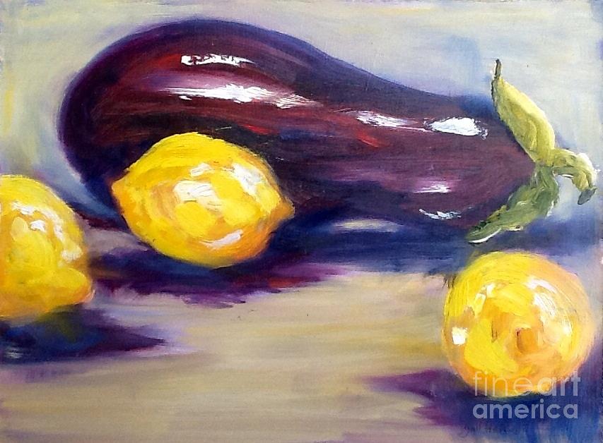 Eggplant and Lemons Painting by Gail Heffron