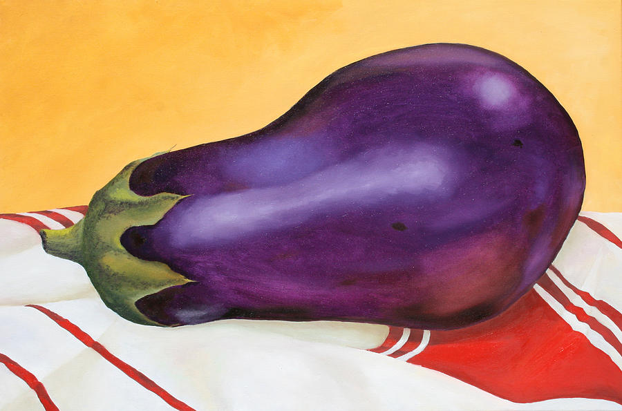 Eggplant on Dish Cloth Painting by Donna Tucker