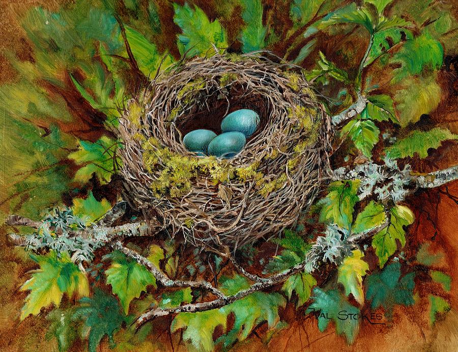 Birds Nest Painting - Eggspecting by Val Stokes