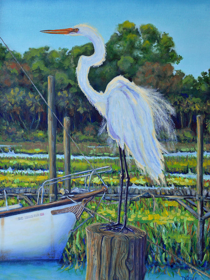 Egret at Shem Creek Docks  Painting by Dwain Ray