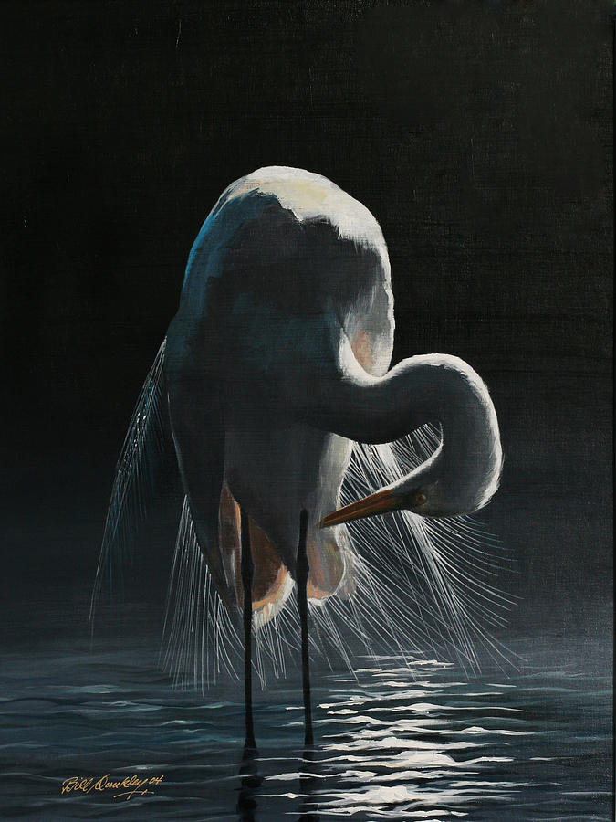 Egret by Moonlight Painting by Bill Dunkley