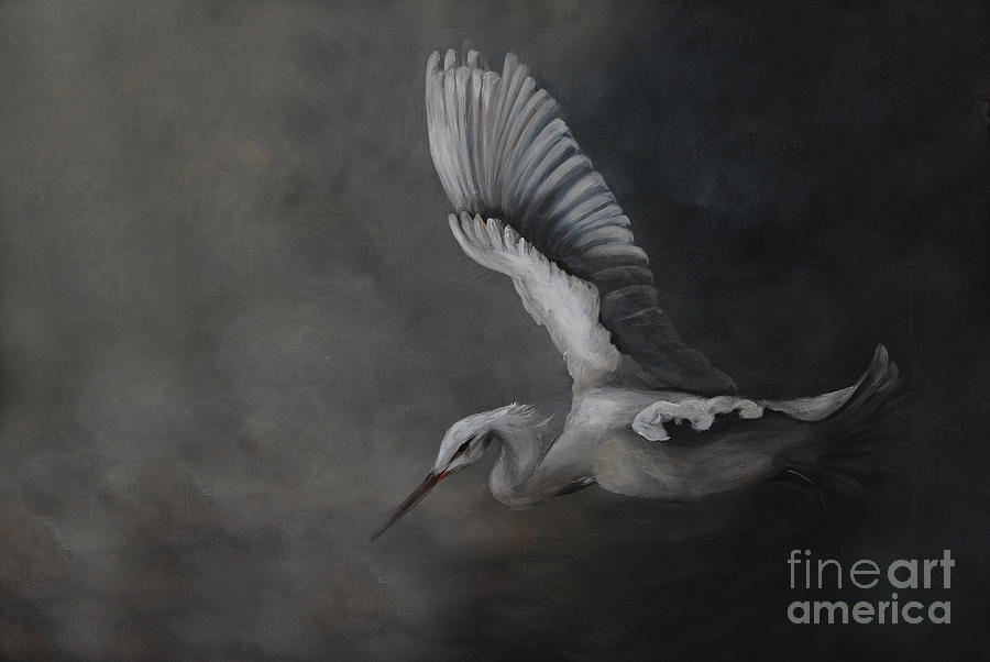 Egret In Flight Painting by Nancy Bradley