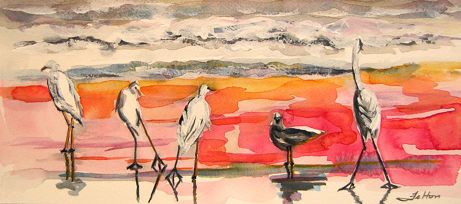 Egrets And Sea Gull At Sunrise 11-5-14 Painting by Julianne Felton