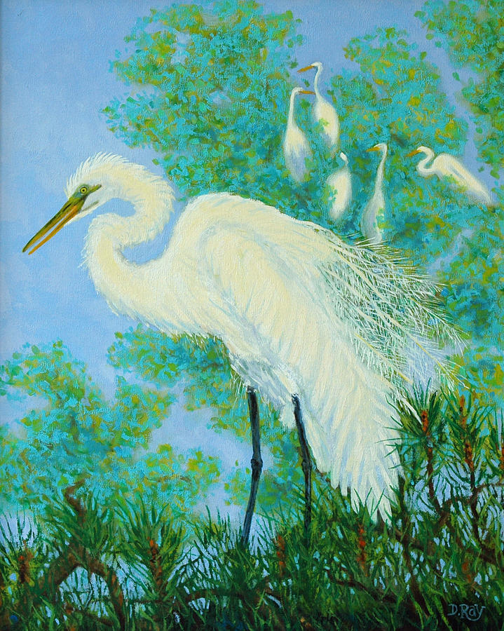 Egrets in Rookery - 20x16 Painting by Dwain Ray