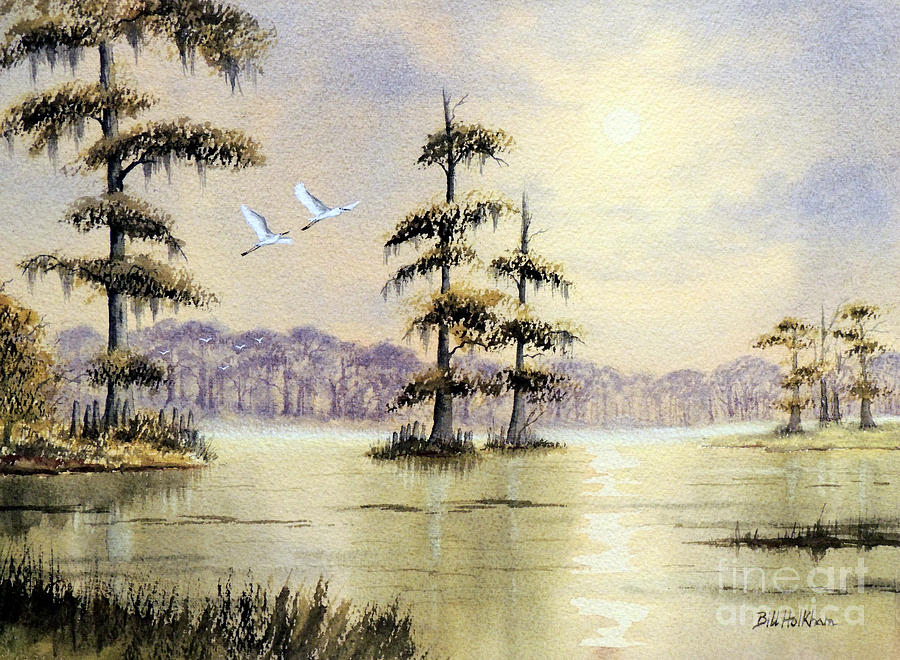 Egrets Over Wakulla Springs Painting by Bill Holkham