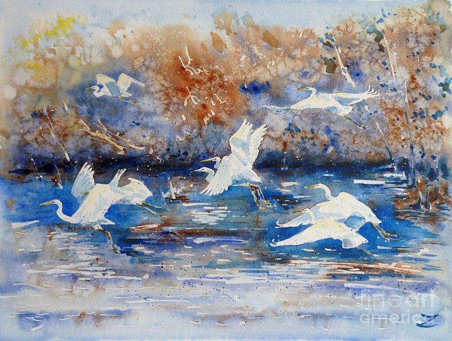 Egrets Painting by Zaira Dzhaubaeva