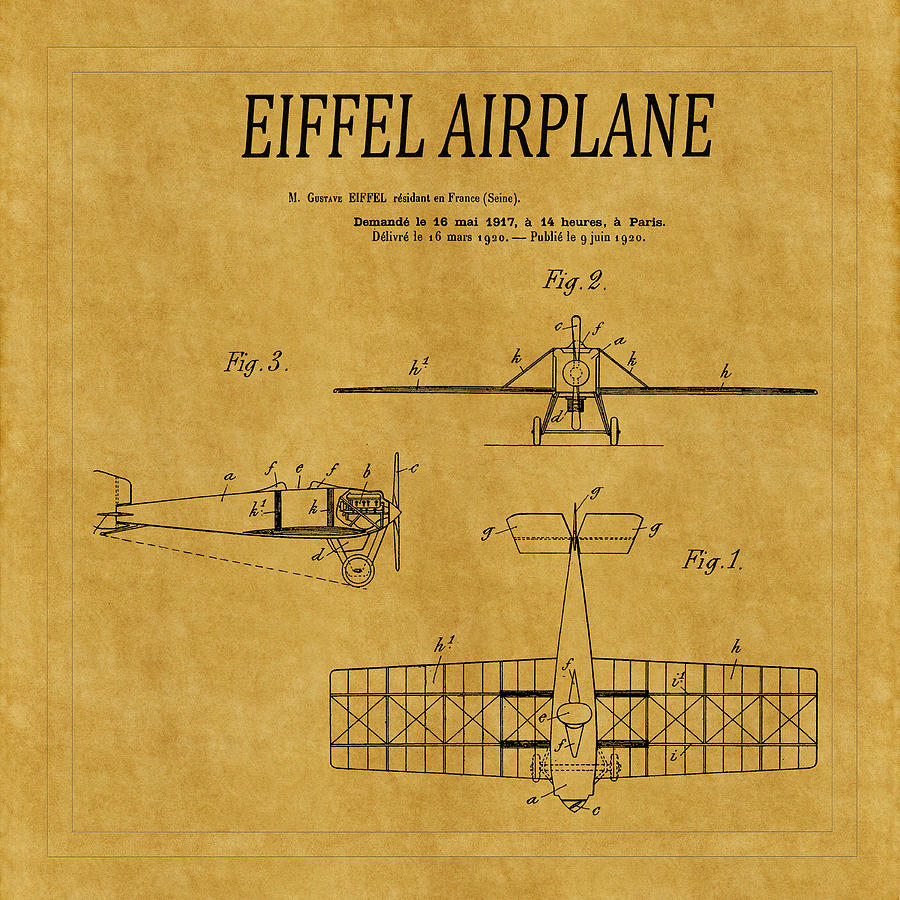 Airplane Photograph - Eiffel Airplane Patent 1 by Andrew Fare