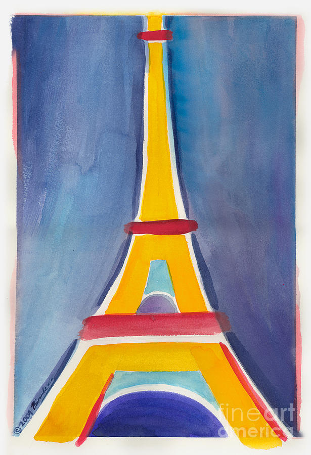 Eiffel Tower Paris France Yellow Red and Aqua Blue Painting by Robyn Saunders