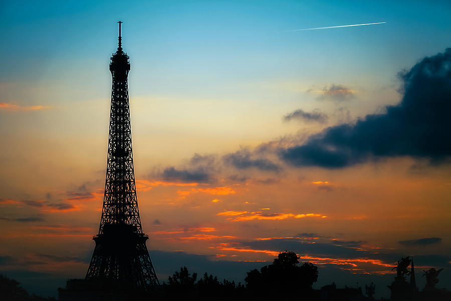 Eiffel Tower Sunset Contrail Photograph