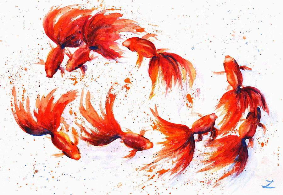 Eight Dancing Goldfish  Painting by Zaira Dzhaubaeva