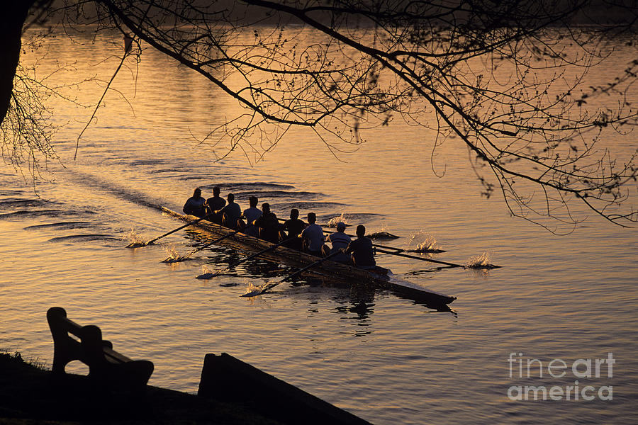 Eight man crew rowing along Montlake Cut  Photograph by Jim Corwin