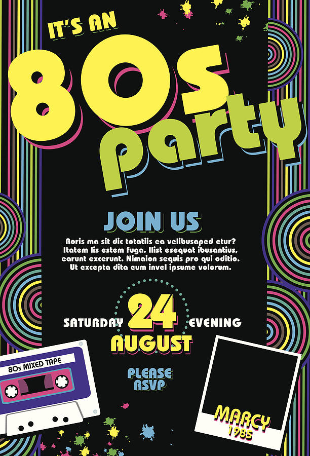 Eighties party themed 80s invitation design template with cassette Drawing by JDawnInk