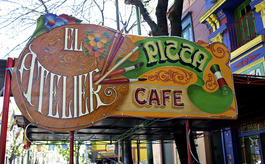 La Boca Photograph - El Atelier Pizza Cafe Sign by Venetia Featherstone-Witty