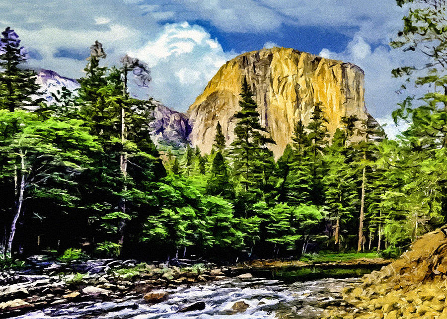 Yosemite National Park Painting - El Capitan Yosemite River Painting by Bob and Nadine Johnston