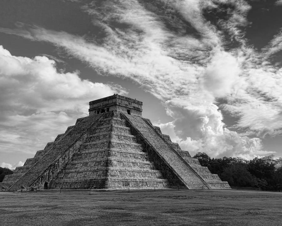El Castillo Mayan Ruins in Black and White - photography Photograph by Ann Powell