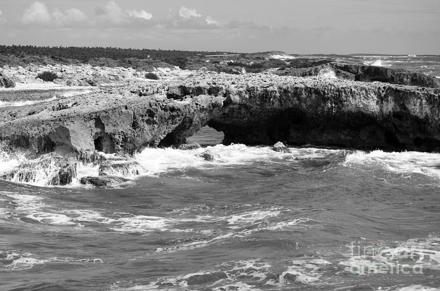 El Mirador Natural Rock Arch Bridge East Coast of Cozumel Mexico Black and White Photograph by Shawn OBrien