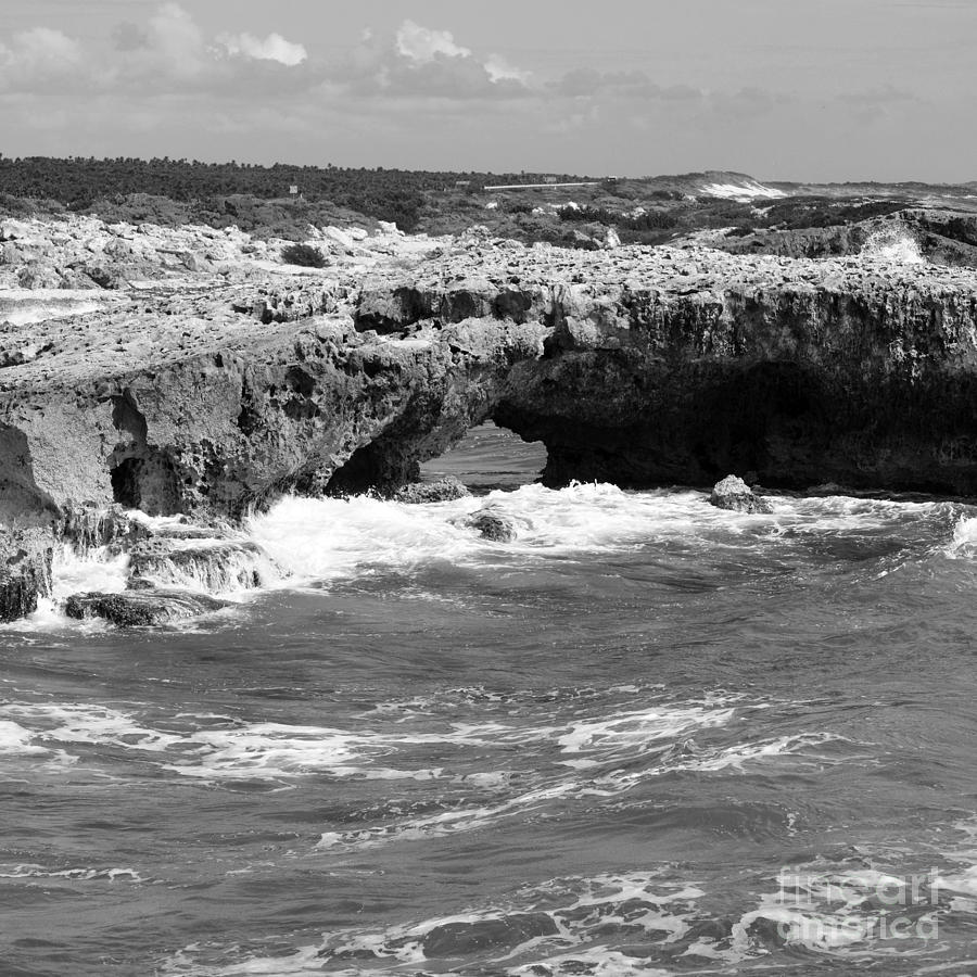 El Mirador Natural Rock Arch Bridge East Coast of Cozumel Mexico Square Format Black and White Photograph by Shawn OBrien