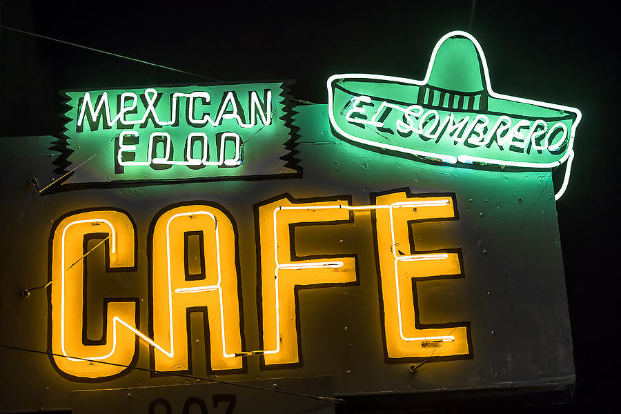Vintage Photograph - El Sombrero Mexican Cafe Neon Sign by John Wayland