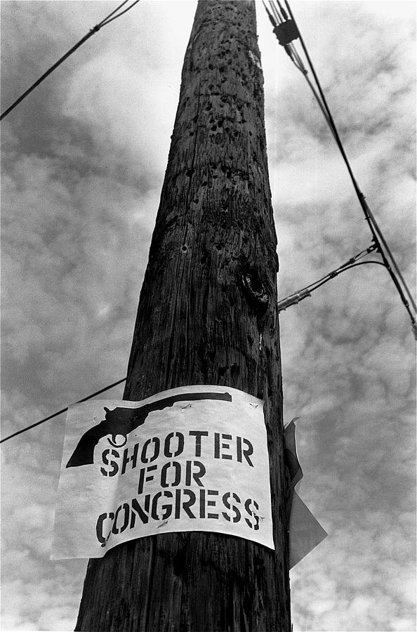 Election signs Shooter for Congress telephone pole Tucson Arizona 1991 black and white Photograph by David Lee Guss