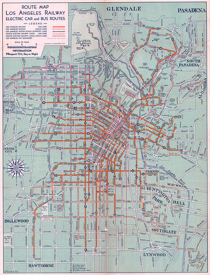 Electric car and bus routes in L.A. 1934 Painting by MotionAge Designs