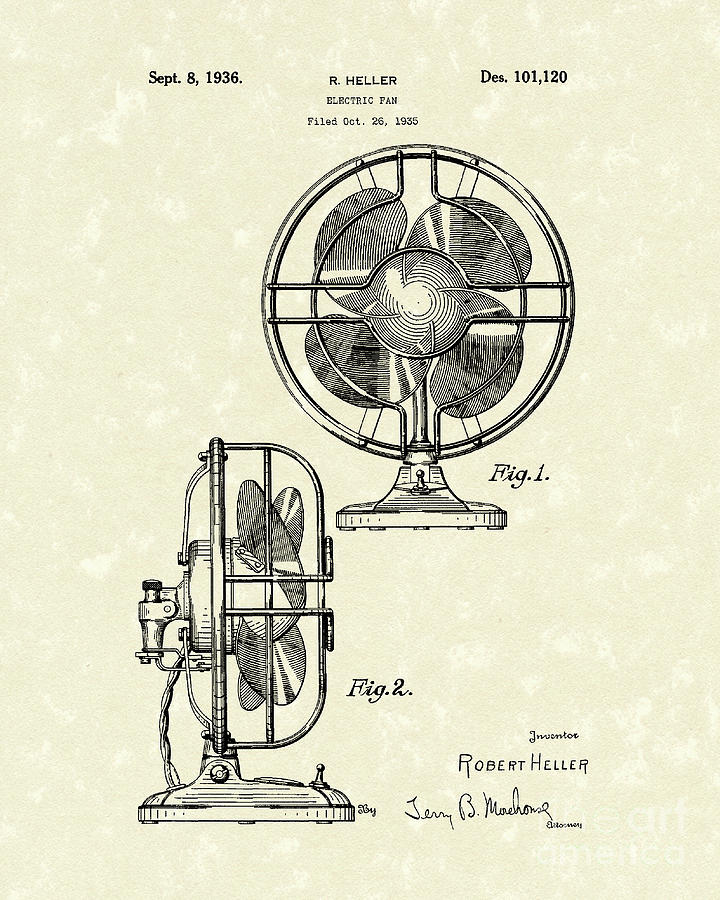 Electric Fan 1936 Patent Art Drawing by Prior Art Design